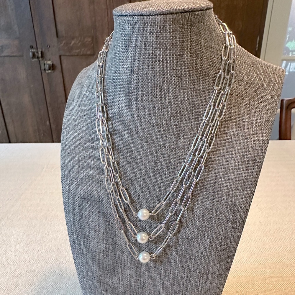 Stainless Steel Paperclip Chain Faux Pearl Necklace Adjustable for Layering - Picture 6 of 7